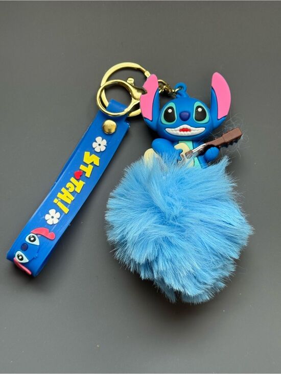 Source Unknown Accessories - Blue Stitch Fluffy Pom Pom Keychain Bag Charm with Guitar Charm NIP